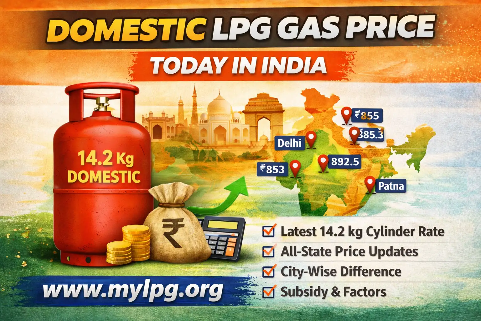 Domestic LPG gas price today in India 14.2 kg cylinder thumbnail with www.mylpg.org