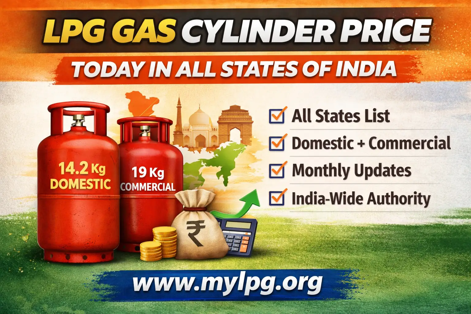LPG gas price today in major cities of India thumbnail showing domestic and commercial cylinders with www.mylpg.org