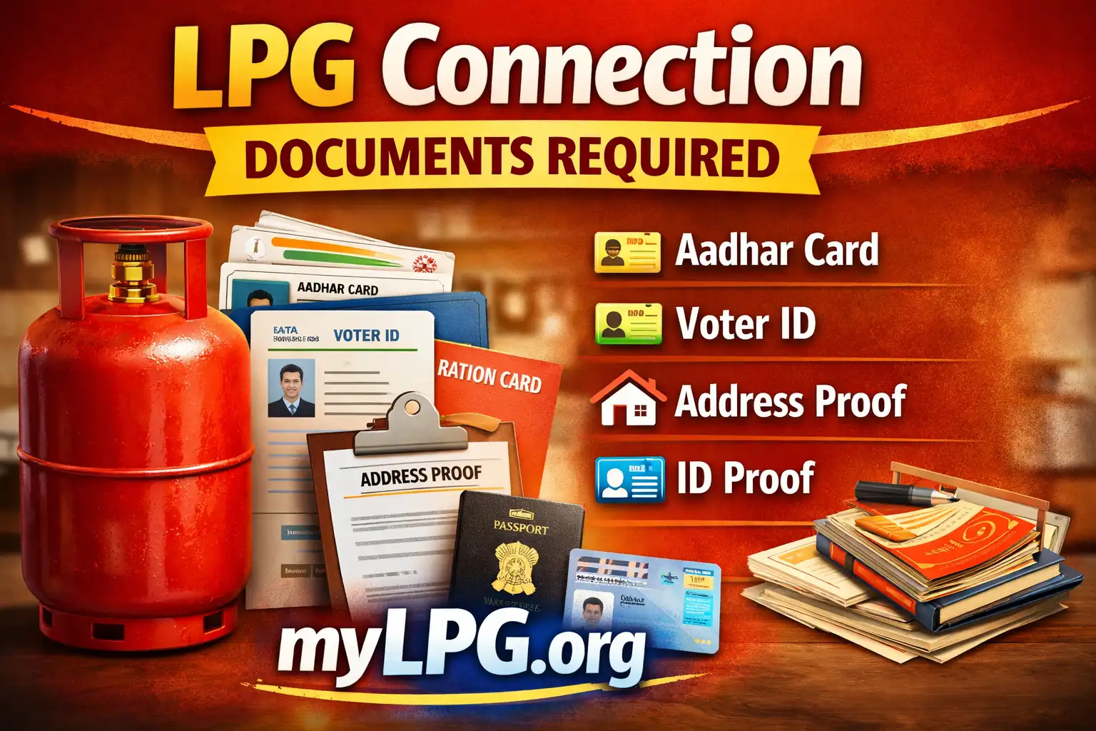 LPG connection documents required – Aadhaar card, address proof, ID proof with LPG cylinder and mylpg.org